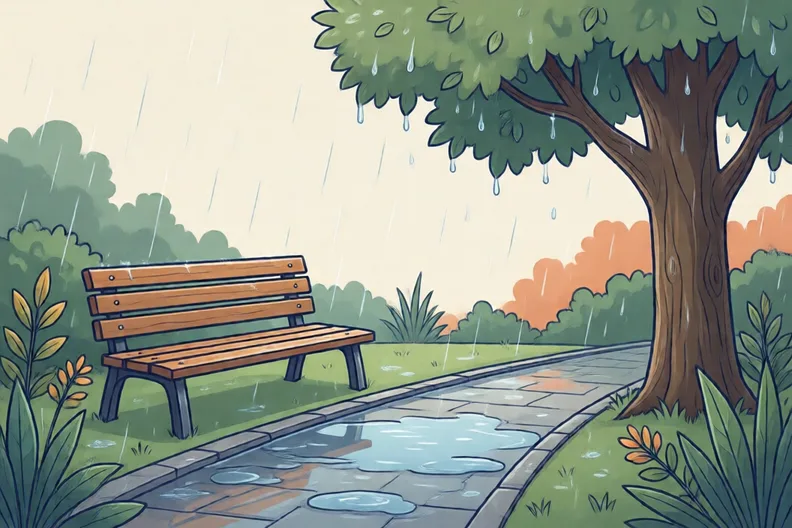 A quiet garden after rain, with a wooden bench and shiny puddles
