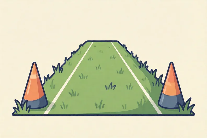 Two cones at either end of a grass lane, ready for a sprint