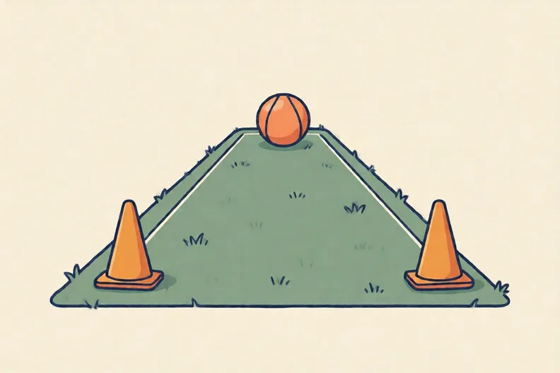 Two cones and a soft ball on a lawn, marking a straight path