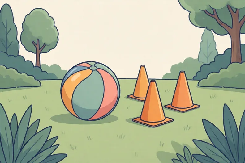 A soft ball and three cones on a lawn with a shadow
