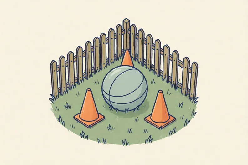 A soft ball resting between three orange cones on a lawn