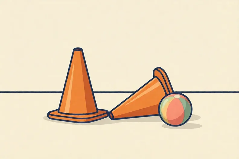 Two orange cones on a hall floor with a gap between them and a soft ball