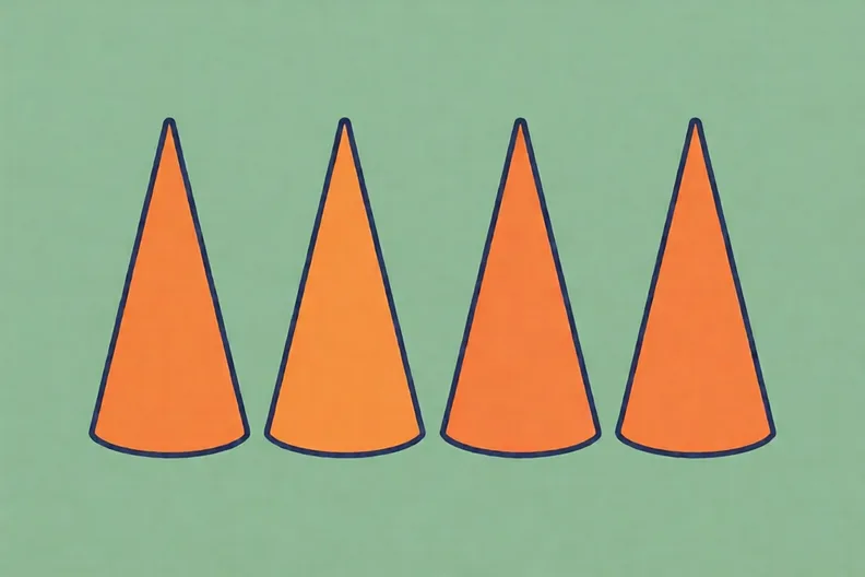 Four upright orange cones in a straight line on a plain green background.
