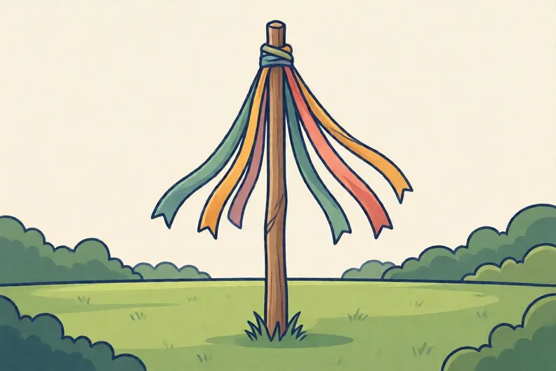 Coloured ribbons hanging from the top of a tall wooden pole on a village green