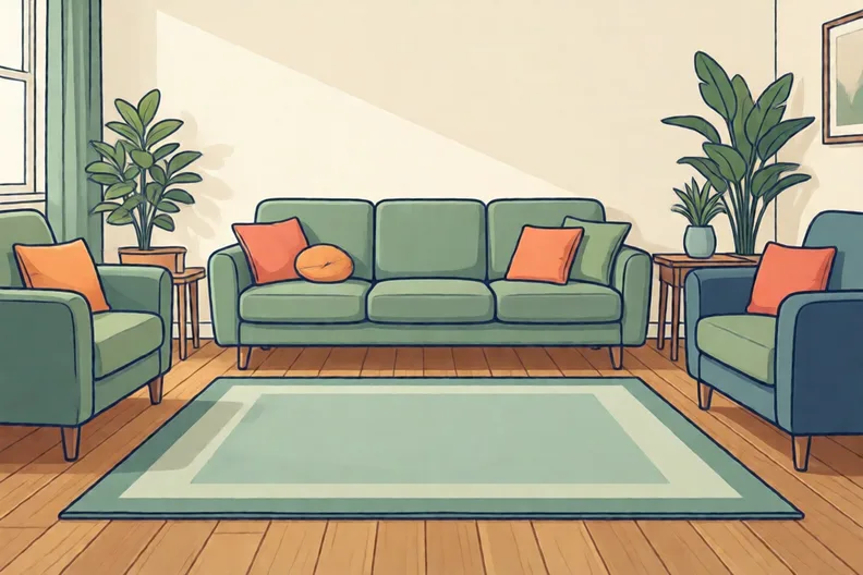 A clear rug on a wooden floor in a living room, with the furniture pushed back