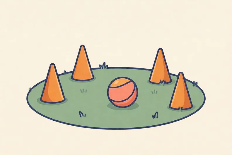 A garden lawn with orange cones spaced out and a soft ball on the grass