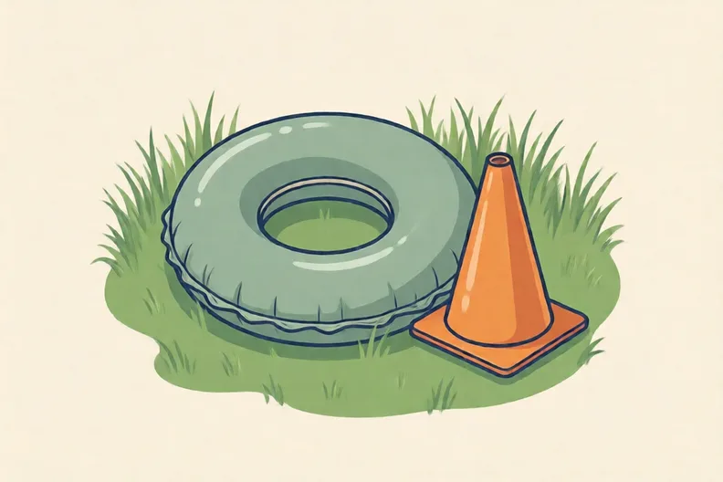 A flat rubber ring lying on grass next to an orange cone
