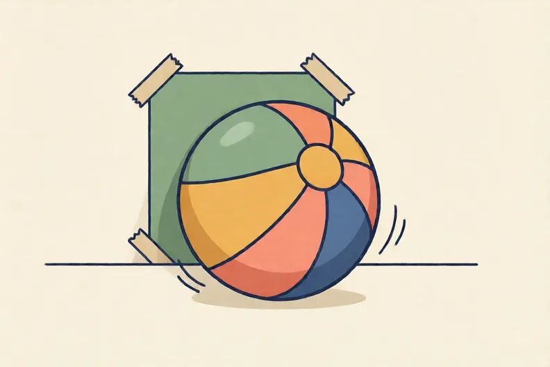 A soft ball rolling off the taped line of a square on a wall, onto the floor