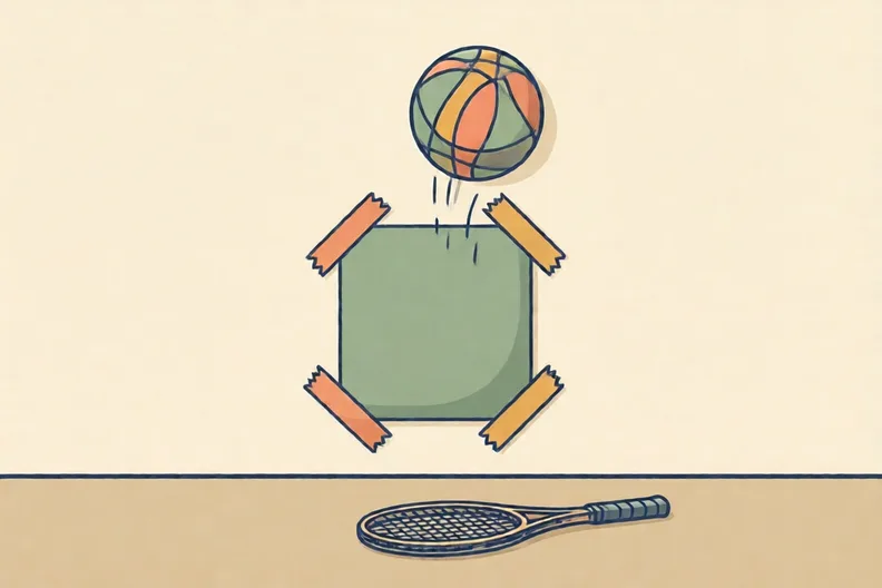 A soft ball flying high over a taped square on a plain wall