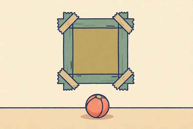 A square marked in tape on a plain wall, with a soft ball on the floor below it