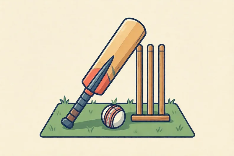 A cricket bat, a soft ball and three stumps on a garden lawn