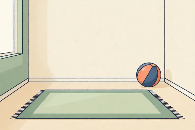 A clear living room carpet with a soft ball resting by a wall, bright daylight