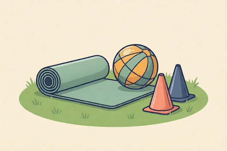 A soft mat on grass with a ball and two cones, ready for jumping