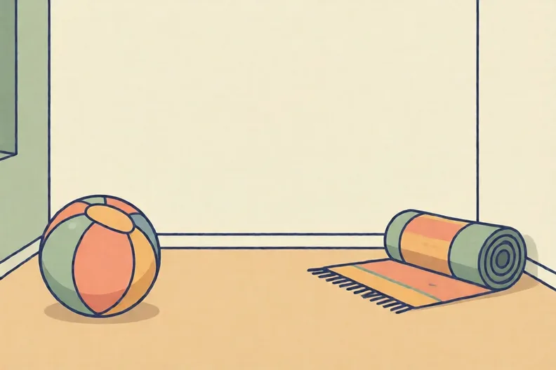A bare living room floor, cleared of furniture, with a soft ball in one corner
