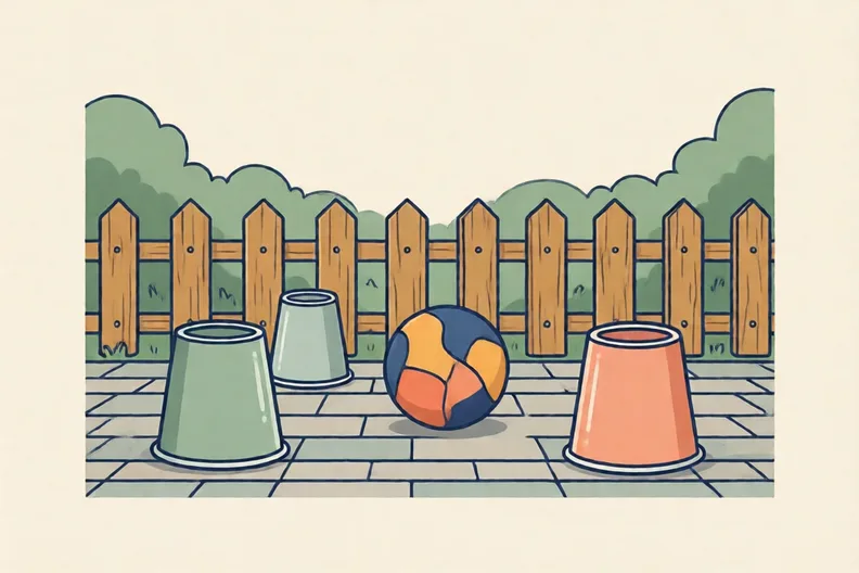 Three upturned cups used as cones on a garden patio, with a soft ball beside them