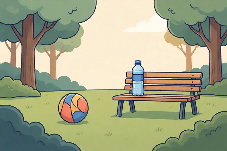 A grassy park with a soft ball on the grass and a plastic water bottle on a bench