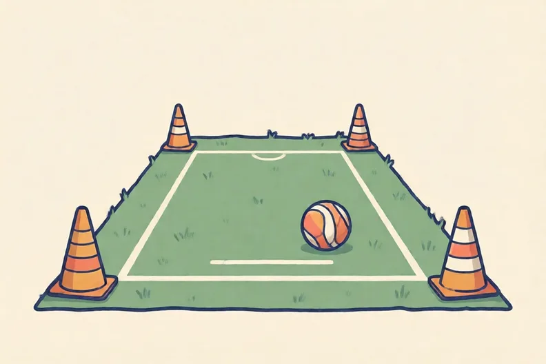 Two cones and a soft ball on a grass course, marked for a short sprint