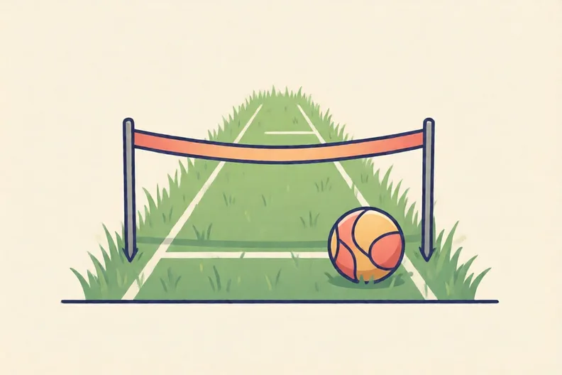 A short grass lane with a finish line of tape and a soft ball resting beside it