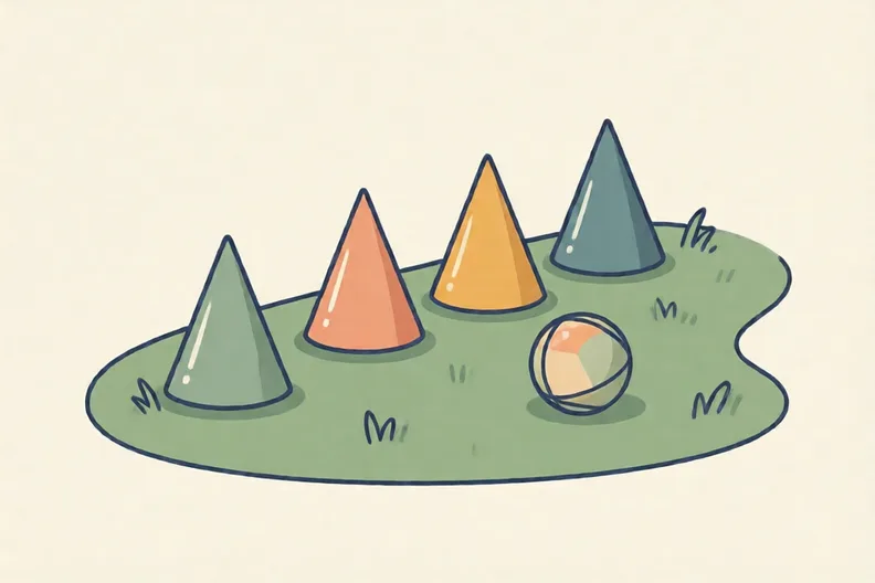 Four small cones in a rough line on a flat garden lawn, with a soft ball beside them