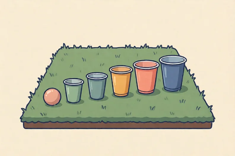 A soft ball and five cups in a line on a short lawn