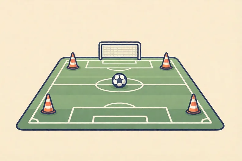 An empty grass pitch with a ball and four cones