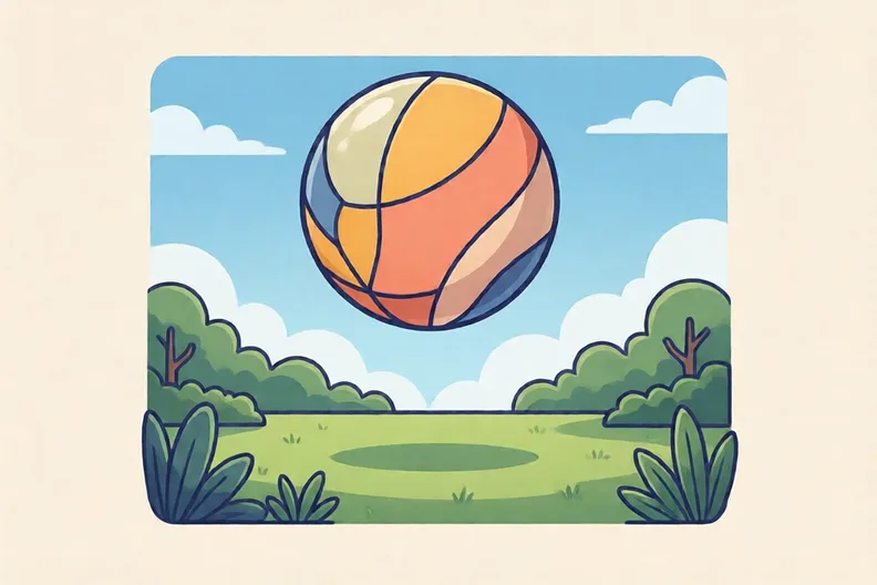 A soft ball high in the air above a grass lawn