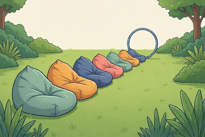 A flat garden lawn with a row of soft bean bags and a plastic hoop at the far end