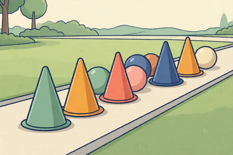 Small coloured cones and soft balls laid out on a garden path