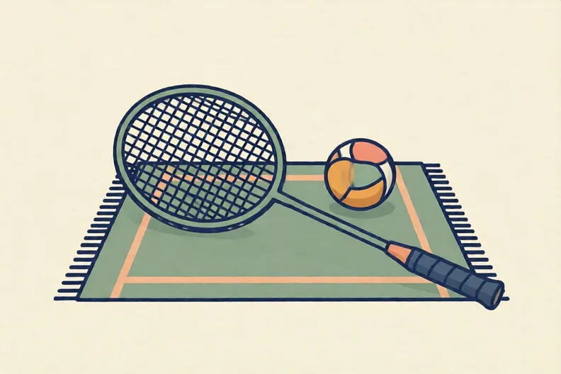 A badminton racket lying on a rug beside a soft ball, with no people