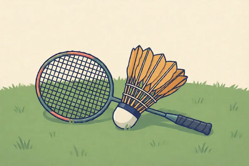 A badminton racket and a feathered shuttlecock lying on a lawn, with no people
