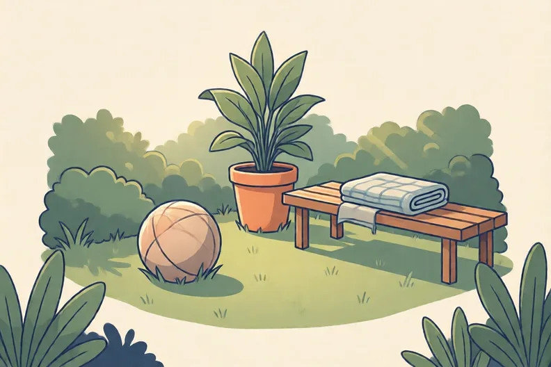A soft ball resting on short grass beside a plant pot and a folded towel