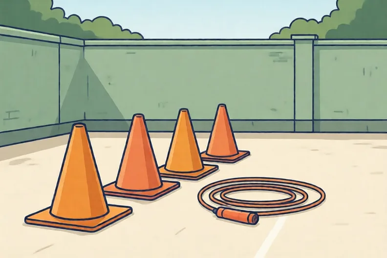 Four orange cones in a line across a patio with a skipping rope coiled beside them