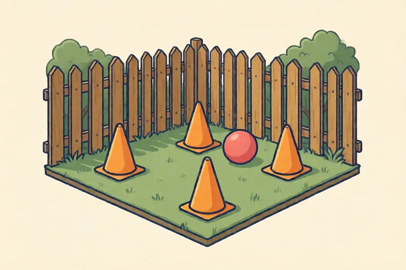 A tidy back garden with orange cones on short grass, a soft ball, and a fence