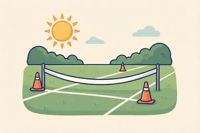 A sunny school field with a white finish line painted across the grass, no people