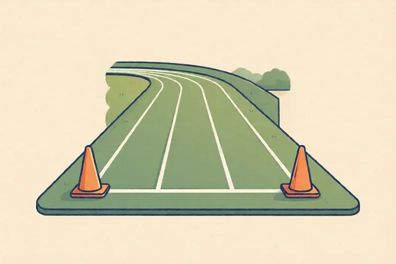 A grass running track with white lane lines and two orange cones, no people