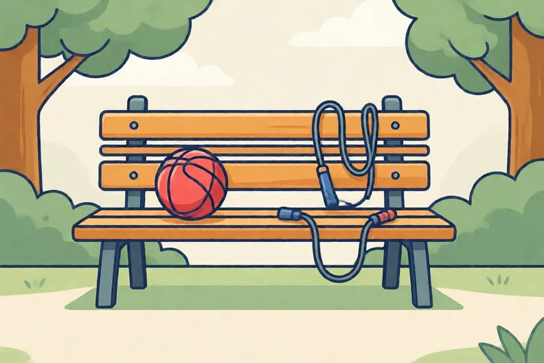 A park bench with a ball and a skipping rope on it