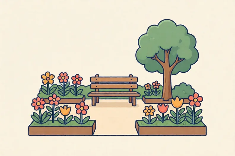 A school garden with flower beds, a bench and a small tree