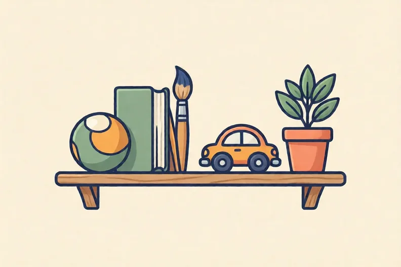 A wooden shelf with a ball, a book, a paintbrush and a plant pot