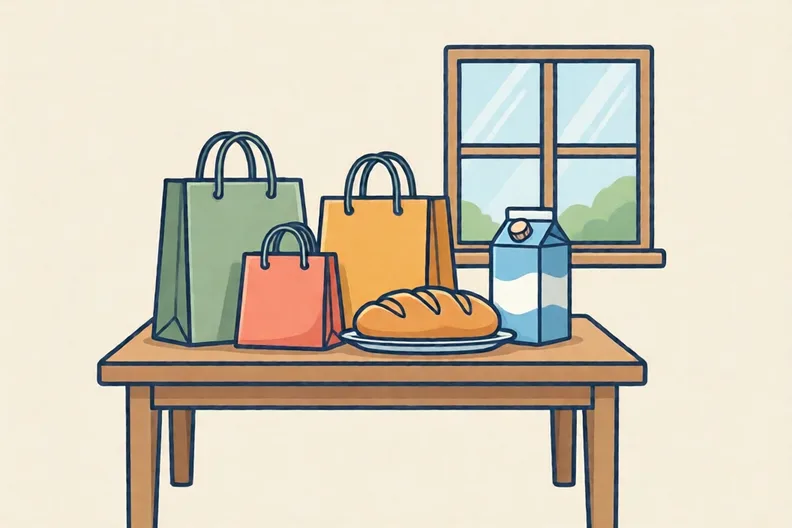 Three shopping bags on a kitchen table next to a window