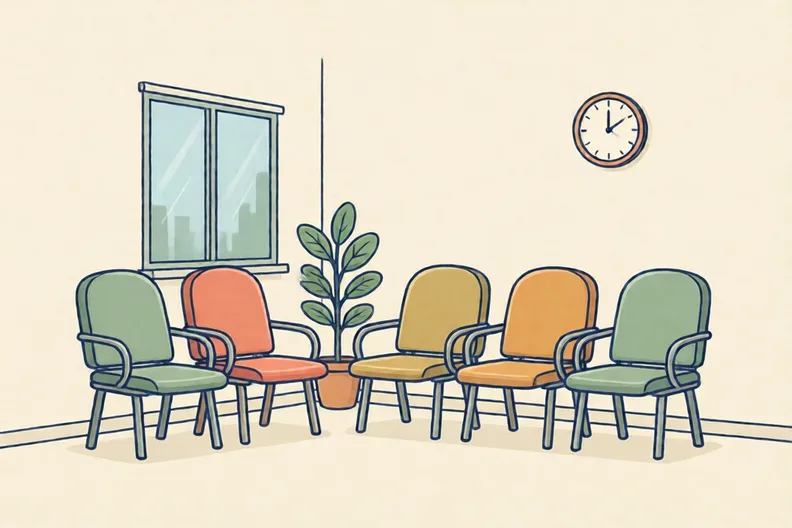 A quiet clinic waiting room with empty chairs and a plant by a window