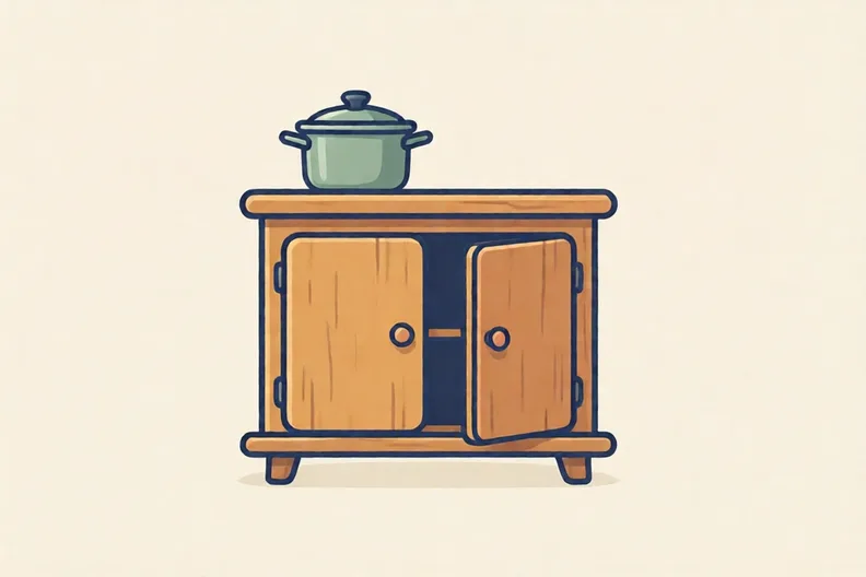 A wooden kitchen cupboard with one door slightly open and a pot on its top shelf.