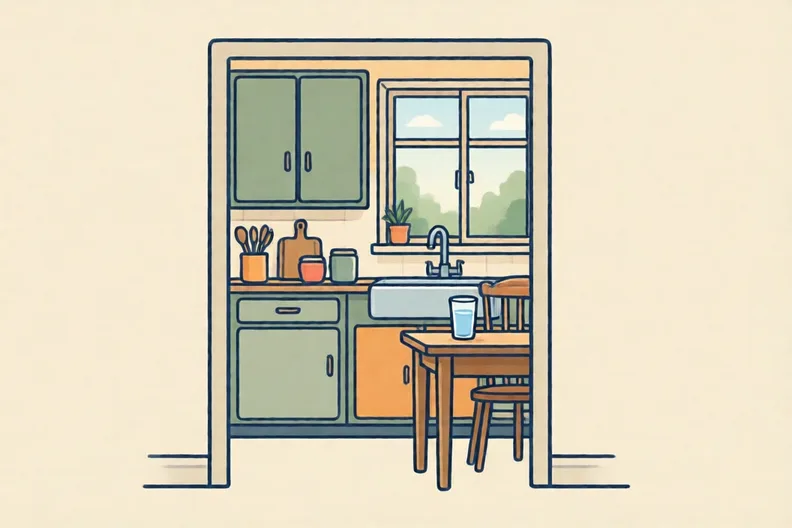 A tidy kitchen with a closed cupboard and a sink, no people