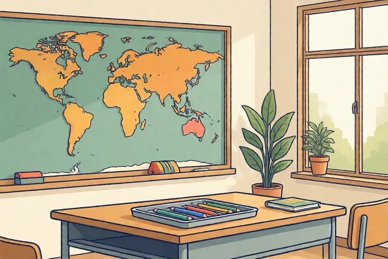 A bright classroom with a world map on the wall and a tray of coloured pencils