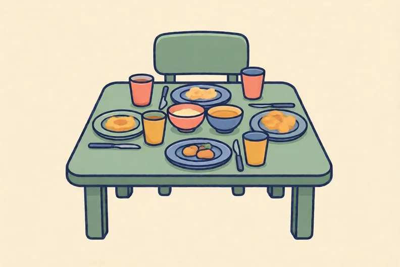 A school lunch table with plates, cups and bowls set out, no food is named