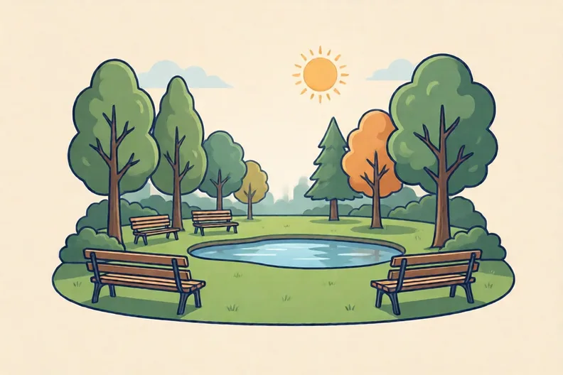 A town park with grass, benches and a small pond on a sunny day