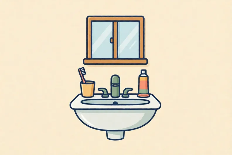 A bathroom sink with a toothbrush and a tube of toothpaste on the side, no people