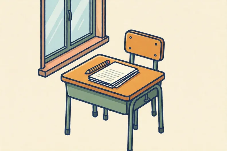 A school desk with one pencil and a pile of blank paper