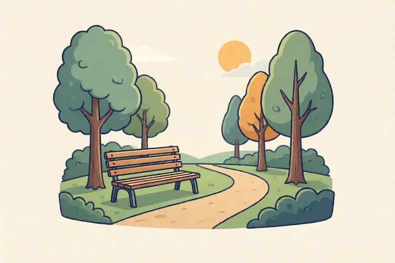A sunny park with a bench and a path, empty of people