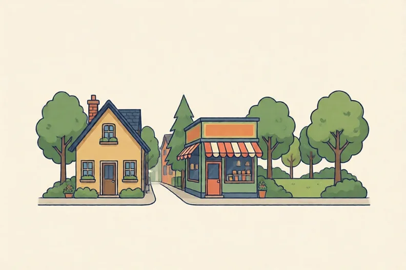 A quiet street with a small house, a shop and a park