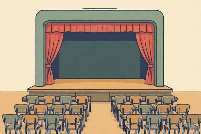 An empty school hall stage with a red curtain and rows of folding chairs